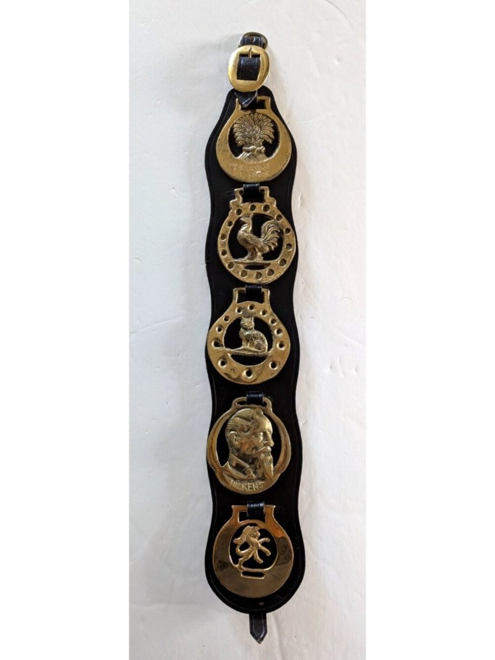 Vintage English Horse Brasses On Leather Strap Wall Hanging Rustic Home Decor